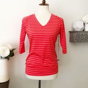 Lija striped V neck athletic top red pink small new with tags